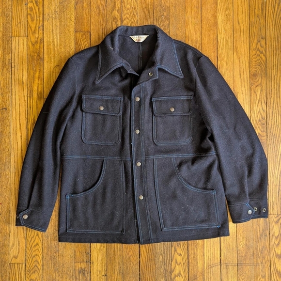 Vintage 60's 70's Fox Knapp Wool Hunting Field Jacket in Navy Blue